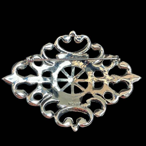 Monet Silver Tone Clear Rhinestone Lacy Filigree 2.75" Brooch Signed VTG - Picture 2 of 4